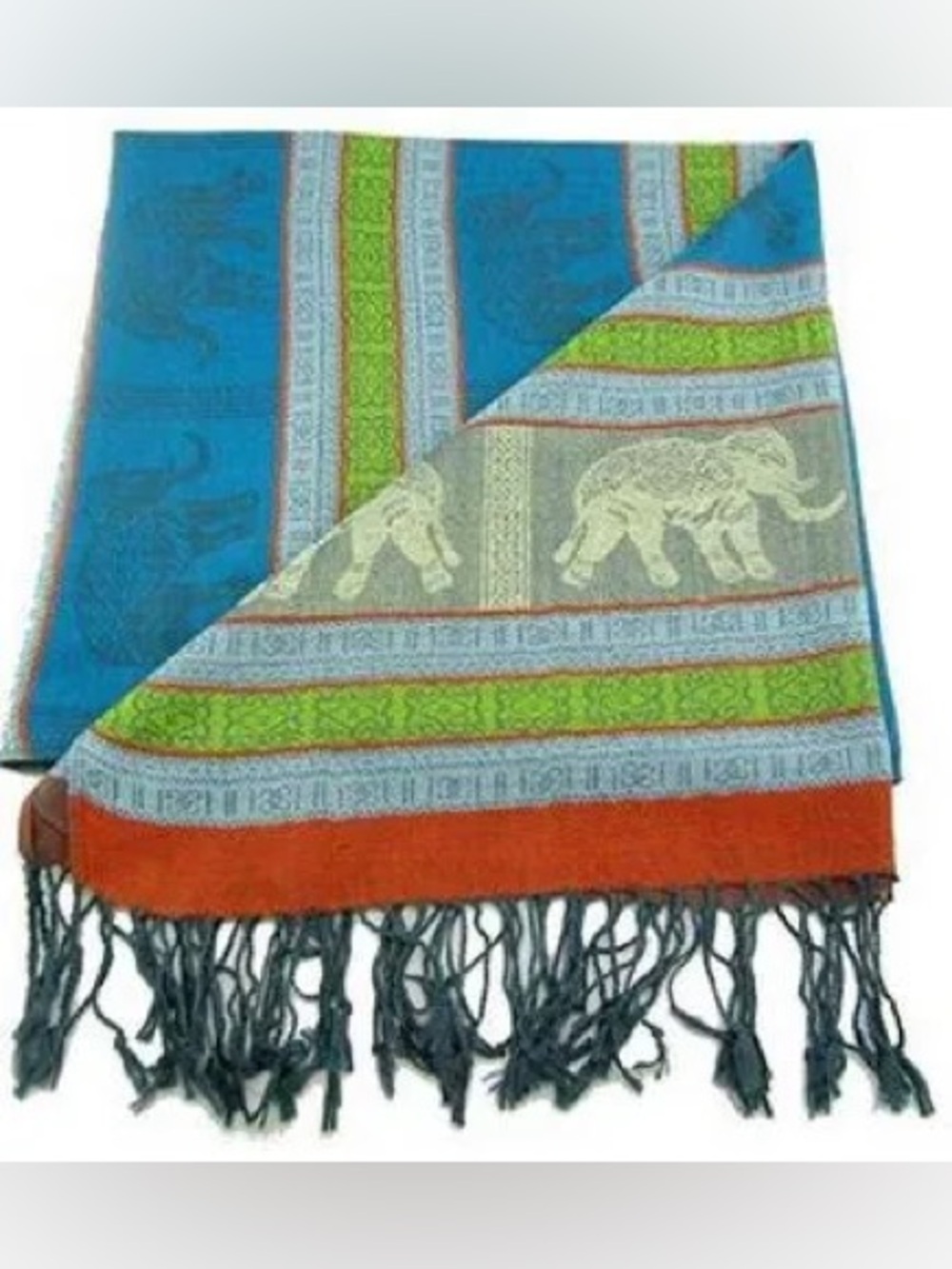 Pashmina Cashmere 🐘 Blue & Green Elephant 🐘 Pattern Fringe Scarf